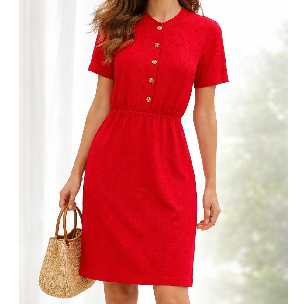 VTG Liz Claiborne Cherry Red Vintage Button Front Knit Short Sleeve Midi Dress